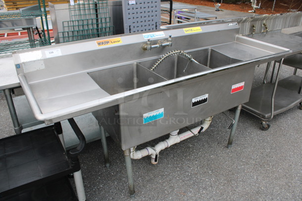 Duke Stainless Steel Commercial 3 Bay Sink w/ Dual Drainboards, Faucet, Handles and Spray Nozzle Attachment. 84x27x43. Bays 16x21x14. Drainboards 16x23x1 - Image 2 of 5