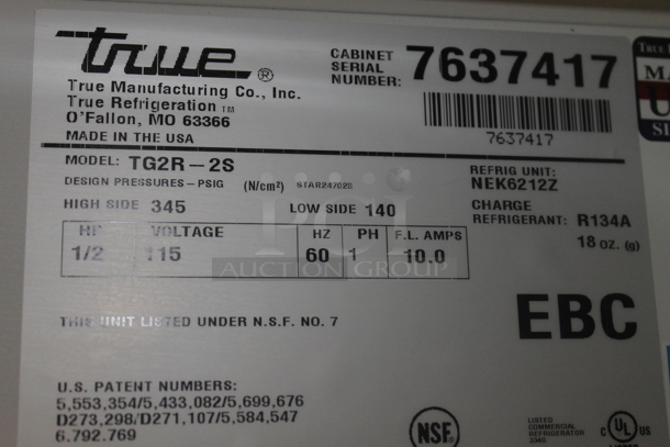 2014 True TG2R-2S ENERGY STAR Stainless Steel Commercial Two Door Reach In Cooler w/ Poly Coated Racks. Comes w/ Commercial Casters. 115 Volts, 1 Phase. Tested and Working! - Image 8 of 8