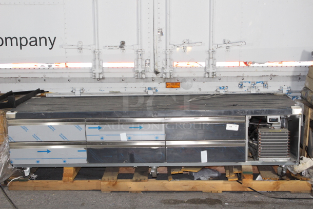 BRAND NEW SCRATCH AND DENT! Delfield F2999CP 99" Six Drawer Refrigerated Chef Base. IN WORKING ORDER! Unit is missing back and front panels, Compressor is still bolted down. Turns on and cools down to temp. S/N: 2210820101870. STILL HAS FACTORY WRAPPING! 99 1/4 31-15/16 x 26 Inches	 - Image 3 of 8