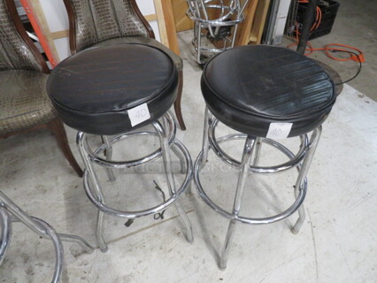Double Chrome Ring Bar Stool With A Black Cushioned Swivel Seat. Need To Be Recovered. 2XBID