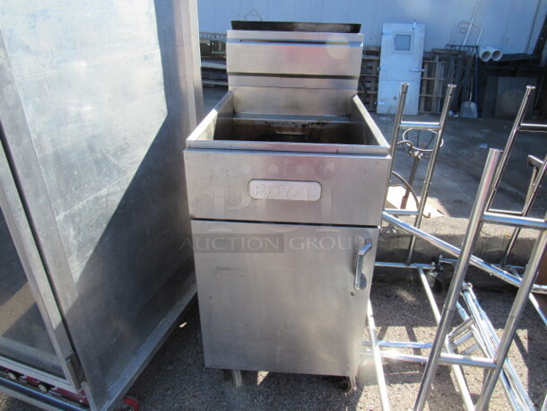 One Stainless Steel Royal Natural Gas Floor Fryer On Casters.