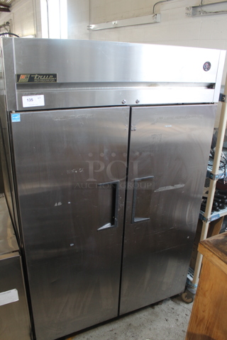 2013 True TG2R-2S ENERGY STAR Stainless Steel Commercial 2 Door Reach In Cooler w/ Poly Coated Racks on Commercial Casters. 115 Volts, 1 Phase. Tested and Working!