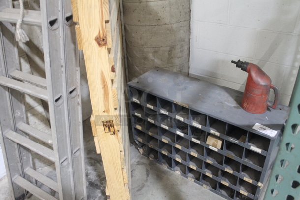 ALL ONE MONEY! Lot of Wooden Multi Compartment Filer, Gas Can and Pallet. BUYER MUST REMOVE. - Image 2 of 2