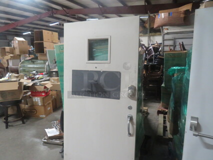 One Exterior Fire Door With Handle, And Push Bar Exit Device, Door Closer And Window. 35.5X79.5. 