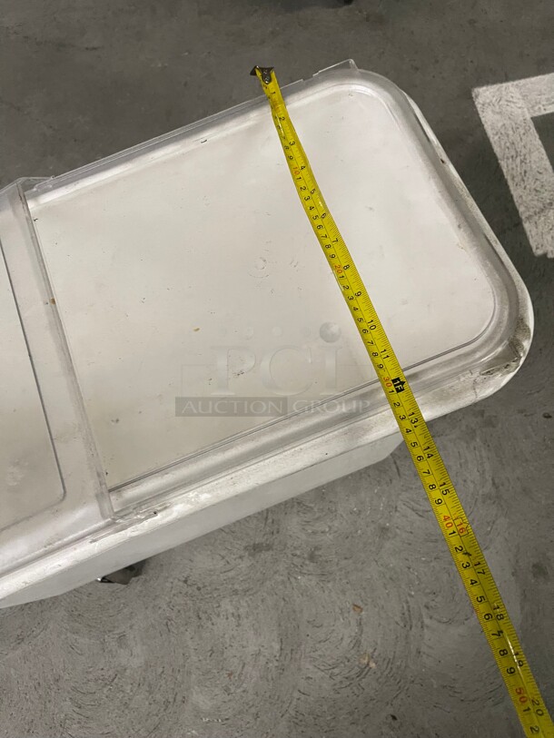 Cambro 27 Gallon / 430 Cup White Slant Top Mobile Ingredient Storage Bin with 2-Piece Sliding Lid & S-Hook - Image 5 of 7