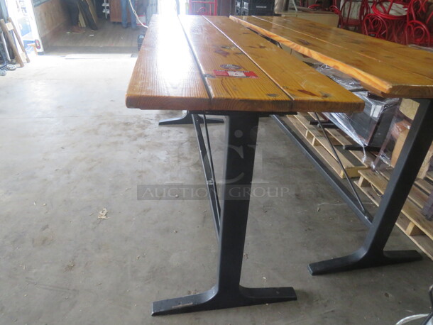 One Wooden Table Top, With An Umbrella Hole, No Holder,  On A Bar Height Black Industrial Base. 95X28X42 - Image 2 of 4
