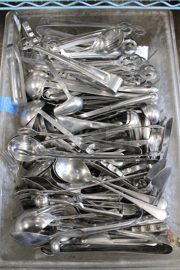 ALL ONE MONEY! Lot of Various Metal Utensils Including Serving Spoons and Tongs in Clear Bin!