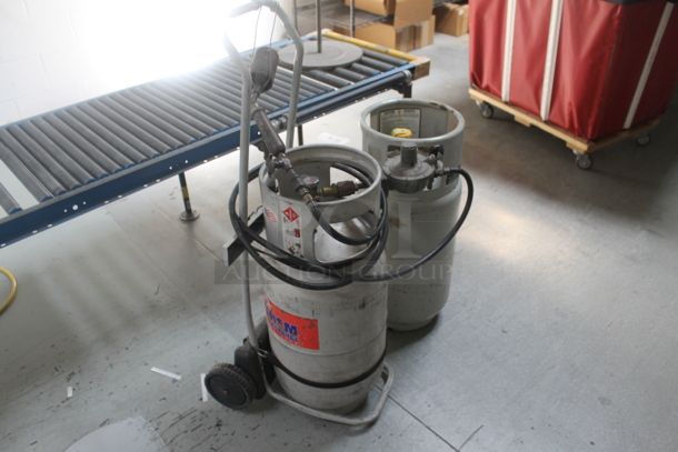 ALL ONE MONEY! Lot of 2 Metal Propane Gas Tanks and 1 Tank Dolly - Image 2 of 5