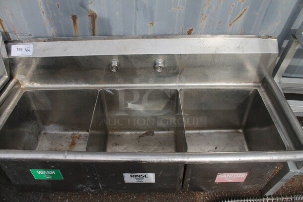 Stainless Steel Commercial 3 Bay Sink w/ Faucet, Handles and Spray Nozzle Attachment. No Legs. Bays 15x15x12.5 - Image 5 of 8