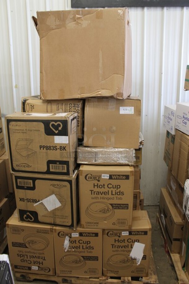 PALLET LOT of 29 Boxes of BRAND NEW Items Including 3 Box Choice White Hot Paper Cup Travel Lid with Hinged Tab for 10-24 oz. Standard Cups and 8 oz. Squat Cups - 1000/Case, 2 Box PP883S-BK Hinge Containers, 3 Box Choice 32 oz 7.25