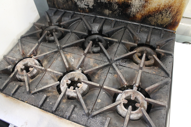 Stainless Steel Commercial Natural Gas Powered 6 Burner Range w/ Oven, Over Shelf and Back Splash on Commercial Casters. - Image 3 of 6