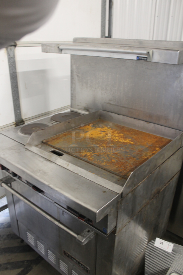 Garland Stainless Steel Commercial Electric Powered Flat Top Griddle w/ Thermostatic Controls, 2 Left Side Burners, Oven, Over Shelf and Back Splash. 208 Volts, 3 Phase. - Image 3 of 9