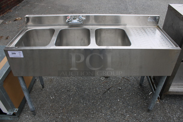Stainless Steel Commercial 3 Bay Sink w/ Right Side Drain Board and Handles. 48x18.5x32. Bays 10x14x9. Drain Board 12x16x1