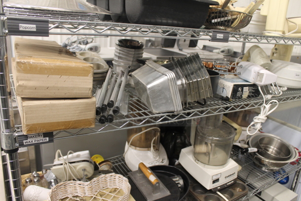 ALL ONE MONEY! Lot of Strainers, Stainless Steel Masher, Steel Drop In Bins, Hand Mixers, Small Steel Pot, Cuisinart Food Processor, Muffin Baking Sheets, Coffee Maker, Heart Shaped Wicker Basket, Salt And Pepper Shakers, Christmas Decorations, 2 Boxes Of NEC SP-32 Speakers AND MORE! Does Not Include Metro Shelf. - Image 4 of 12