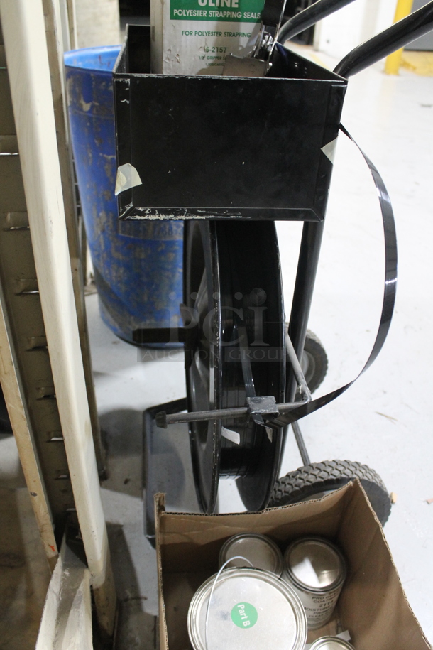 ALL ONE MONEY! Lot of Black Metal Pallet Strap Reel, Blue Barrel and Boxes w/ Tins.  - Image 4 of 8