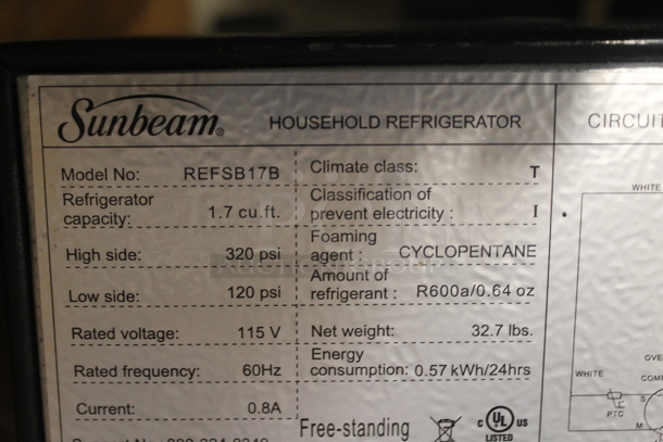 Sunbeam REFSB17B Mini Cooler. 115 Volts, 1 Phase. Tested and Working! - Image 5 of 5