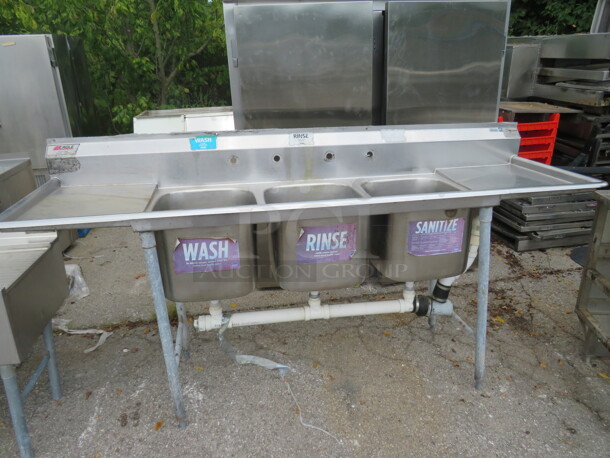 One Eagle 3 Compartment Sink With R/L Drain Boards. 90X26X46. Sink 16X19X13 - Image 1 of 2