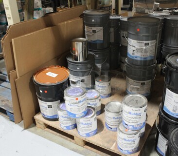 ALL ONE MONEY! TWO PALLET LOT of Various Items Including Pro Guard Liquid Rubber and Cardboard. BUYER MUST REMOVE.
