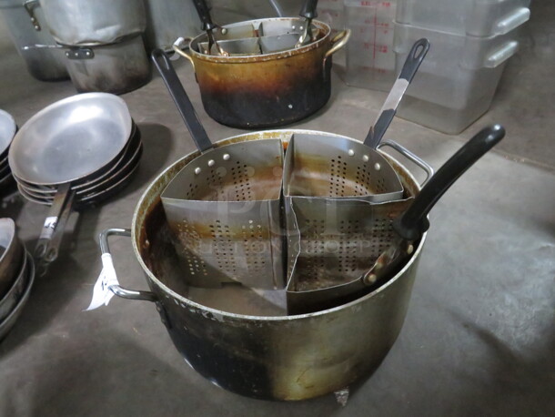 One Aluminum Stock Pot With 3 Pasta Cookers. 14X7.5