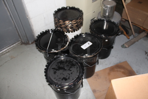 ALL ONE MONEY! Lot of 7 Black Metal Pails w/ Various Lids.