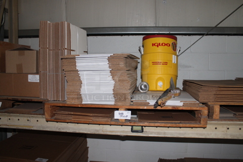 ALL ONE MONEY! PALLET LOT of Various Cardboard Boxes and Igloo Yellow Cooler! BUYER MUST REMOVE.
