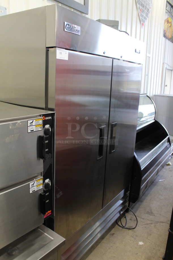 2023 Coldline C-2RX Stainless Steel Commercial 2 Door Reach In Cooler w/ Poly Coated Racks. 115 Volts, 1 Phase. Tested and Working!