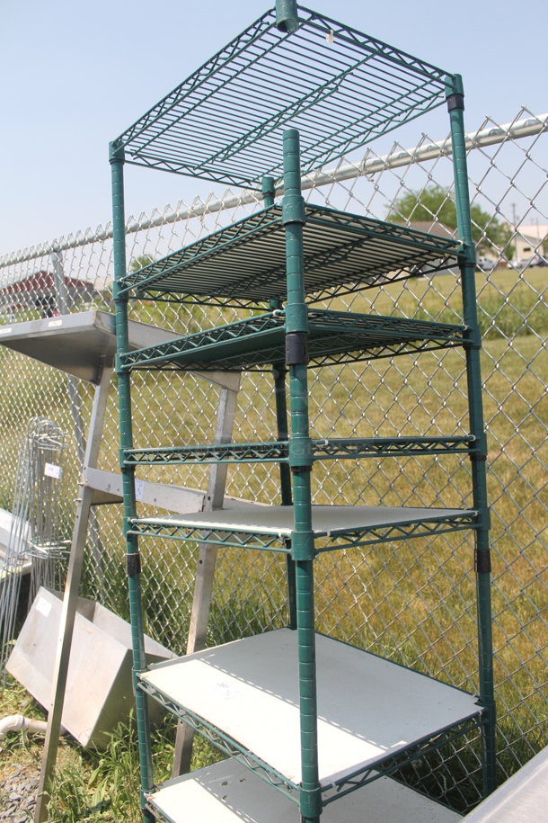 Green Open Utility Shelf With Metro Style Shelving With Additional Shelf Covers. BUYER MUST DISMANTLE. PCI CANNOT DISMANTLE FOR SHIPPING. PLEASE CONSIDER FREIGHT CHARGES. - Image 4 of 5