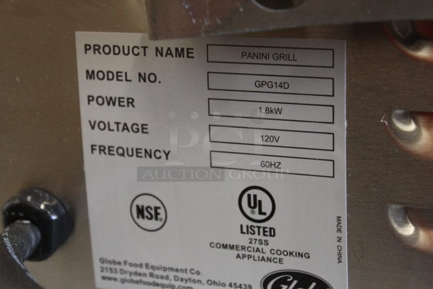 BRAND NEW SCRATCH AND DENT! Globe GPG14D Stainless Steel Commercial Countertop Electric Powered Panini Press. 120 Volts, 1 Phase. Tested and Working! - Image 5 of 5