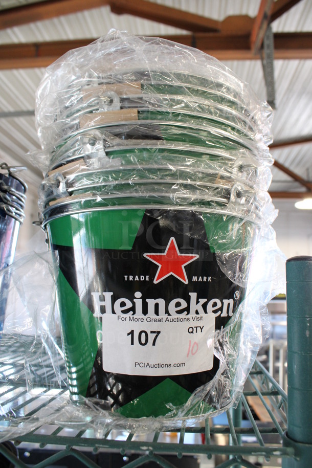 10 BRAND NEW! Metal Heineken Beer Buckets. 9.5x9.5x7. 10 Times Your Bid!