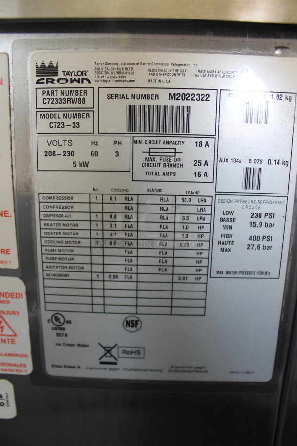 2012 Taylor C723-33 Stainless Steel Commercial Water Cooled Floor Style 2 Flavor w/ Twist Soft Serve Ice Cream Machine on Commercial Casters. 208-230 Volts, 3 Phase. - Image 11 of 11