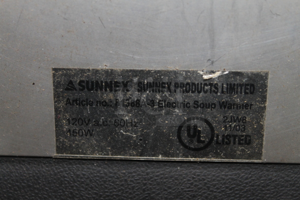 Sunnex B1388A-3 Metal Commercial Countertop Soup Kettle Food Warmer. 120 Volts, 1 Phase. Cannot Test Due To Missing Power Cord - Image 6 of 7
