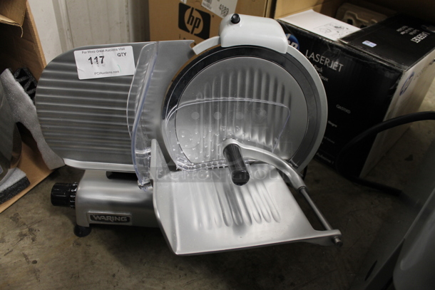 Waring WCS300 Stainless Steel Commercial Countertop Meat Slicer w/ Blade Sharpener. 120 Volts, 1 Phase. Tested and Working!