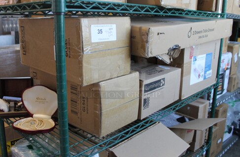 ALL ONE MONEY! Tier Lot of Various BRAND NEW SCRATCH AND DENT! Items Including Glass Drink Dispenser, 2 Drawers Table Dresser, Luminarc Glasses and Storage Bins