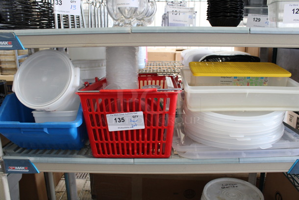 ALL ONE MONEY! Lot of Various Items Including Plastic Lids and Containers, Shopping Basket and Blue Bin!