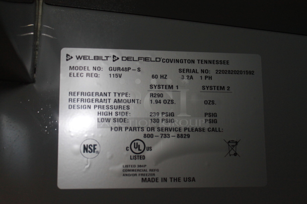 LIKE NEW! 2022 Delfield GUR48P-S Stainless Steel Commercial Front Breathing 2 Door Undercounter Cooler on Commercial Casters. 115 Volts, 1 Phase. Unit Has Only Been Used a Few Times! Tested and Working! - Image 6 of 6