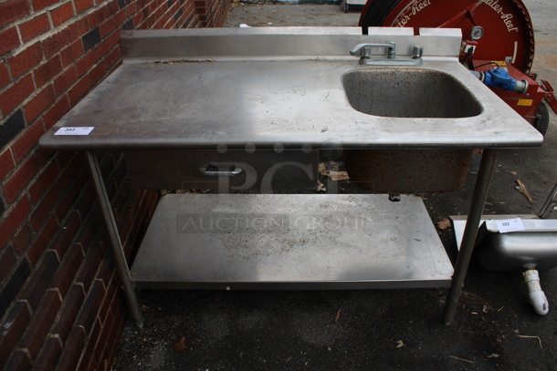 Stainless Steel Commercial Table w/ Sink Bay, Drawer, Faucet, Handles and Under Shelf. 54x30x39. Bay 16x19x11