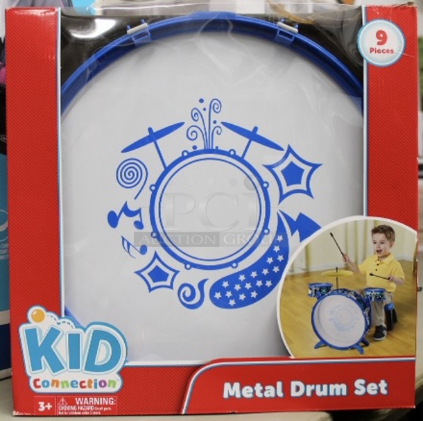 Kid Connection Metal Drum Set, 9 Pieces. Includes 1 bass drum with a kick pedal, 1 pair of drumsticks, 2 small drums, 1 cymbal, and 1 stool