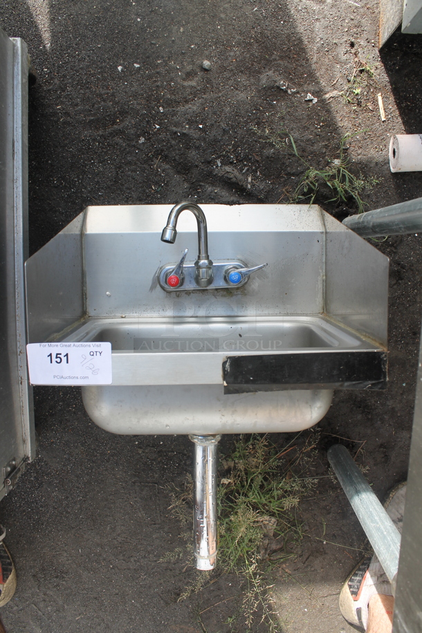 Stainless Steel Commercial Single Bay Wall Mount Sink w/ Side Splash Guards, Faucet and Handles. - Image 1 of 3