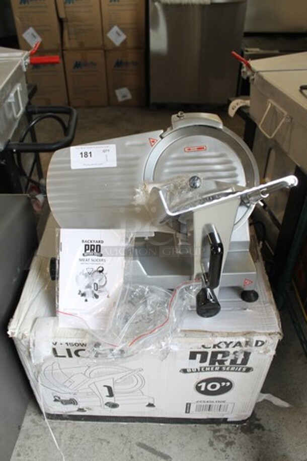 BRAND NEW SCRATCH AND DENT! Backyard Pro 554SL110E Stainless Steel Commercial Countertop Meat Slicer w/ Blade Sharpener. 120 Volts, 1 Phase. Tested and Working! - Image 1 of 9