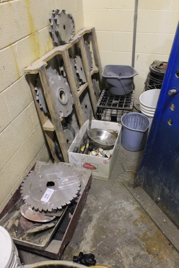 ALL ONE MONEY! Lot of Various Items Including Metal Saw Blades and Poly Buckets. BUYER MUST REMOVE. - Image 1 of 3