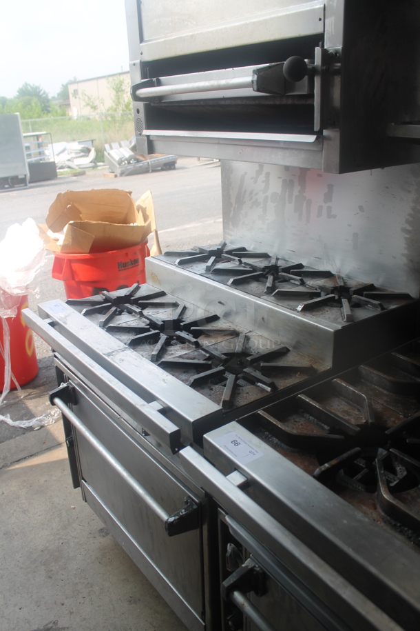 Stainless Steel Commercial Natural Gas Powered 2 Tier 6 Burner Range w/ Oven, Salamander Cheese Melter and Back Splash. - Image 2 of 6