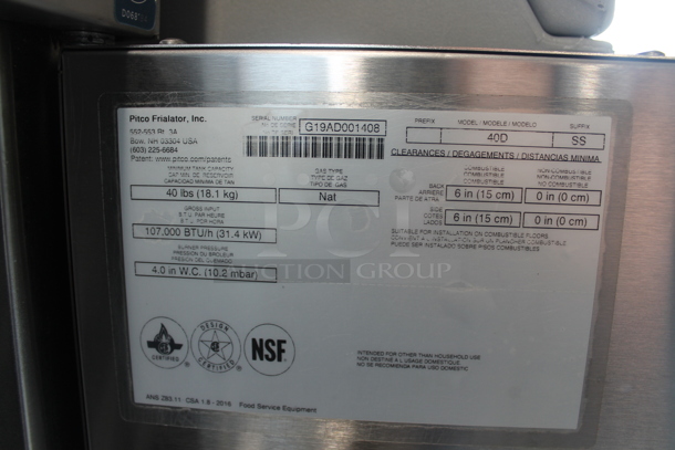 2019 Pitco Frialator 40D Stainless Steel Commercial Floor Style Natural Gas Powered Deep Fat Fryer w/ 2 Metal Fry Baskets on Commercial Casters. 107,000 BTU.  - Image 6 of 7