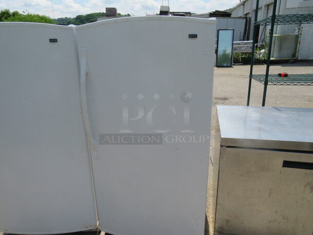 One Maytag Upright Freezer With 3 Racks. 115 Volt. Model# MOF1656TEW02. Working Not Cold.  - Image 1 of 2