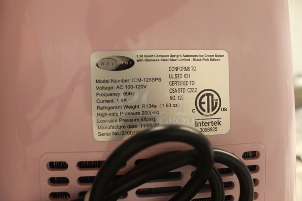 BRAND NEW SCRATCH AND DENT! Whynter ICM-128BPS 1.28 Quart Compact Upright Automatic Limited Black Pink Edition Ice Cream Maker With Stainless Steel Bowl And Ice Cream Scooper. 100-120V. Tested And Working!  - Image 5 of 5