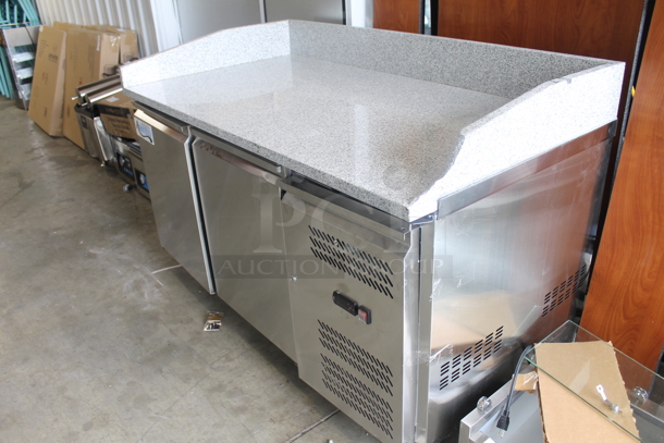 BRAND NEW SCRATCH AND DENT! 2023 Avantco 178SSPPTG60HC Stainless Steel Commercial 60" 2 Door Stone Top Refrigerated Pizza Prep Table. 115 Volts, 1 Phase. Tested and Working! - Image 2 of 9