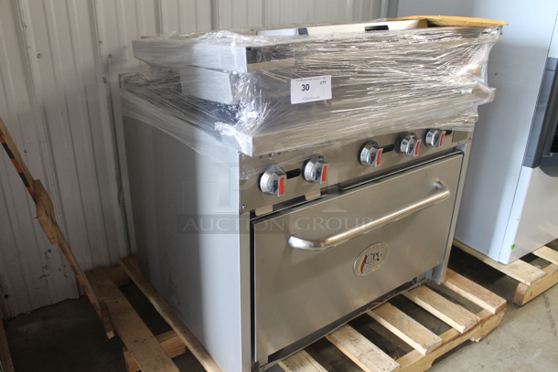 BRAND NEW SCRATCH AND DENT! Cooking Performance Group 351S36G24L Stainless Steel Commercial Propane Gas Powered 2 Burner Range with 24" Griddle, Oven, Over Shelf and Back Splash. 130,000 BTU. - Image 3 of 11