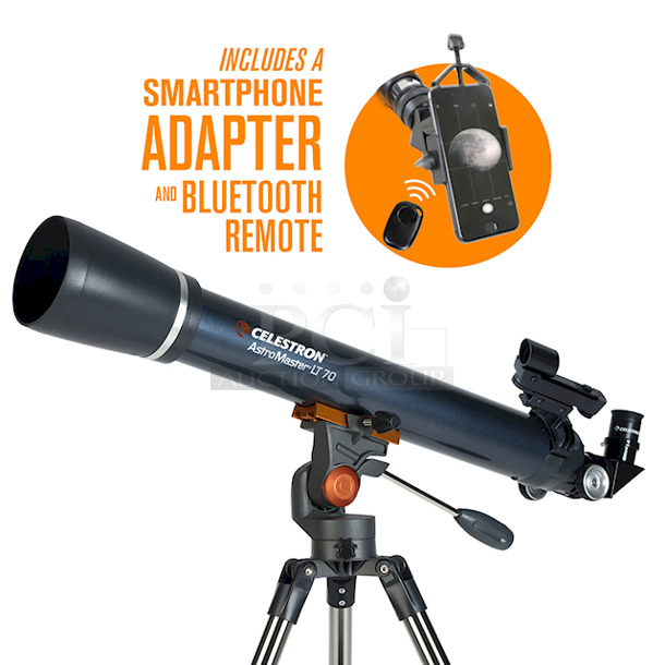 Celestron AstroMaster 70AZ LT Refractor Telescope Kit with Smartphone Adapter and Bluetooth Remote, Ideal Telescope for Beginners, Capture Your Own Images, Tripod plus Bonus Accessories Included. 3x Your Bid - Image 1 of 9