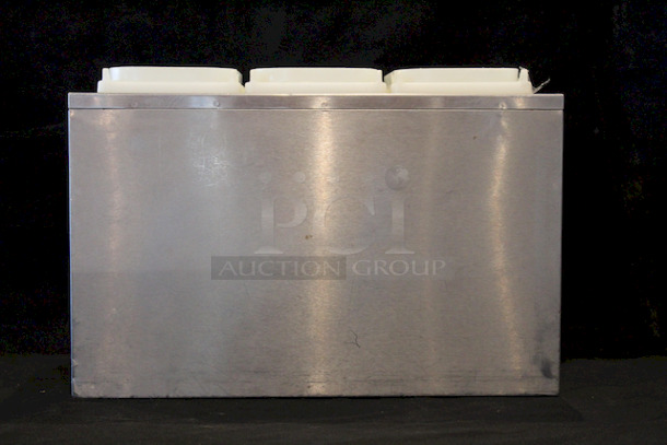 Server SR-3 Serving Station (3) Jars. 
Height -	14.25 inches
Width -	15.50 inches
Depth -	8.75 inches
Missing Lids - Image 2 of 5
