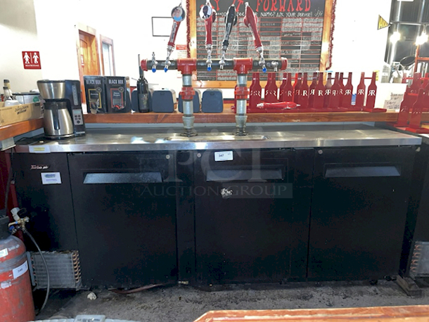 OUTSTANDING! Turbo Air TBD-4SB Super Deluxe Beer Dispenser- TESTED: In Perfect Working Order - (3) Swing Doors, Stainless Steel Countertop, Interior Floor and Walls, Galvanized Steel Interior Top, Black Laminated Exterior, (4) 1/2 Barrel Capacity, (2) 3″ Dia. Industrial Beer Columns With (6) Faucets/Taps. 90-1/4″W x 27-1/4″D x 37-1/8″H.  - Image 1 of 4