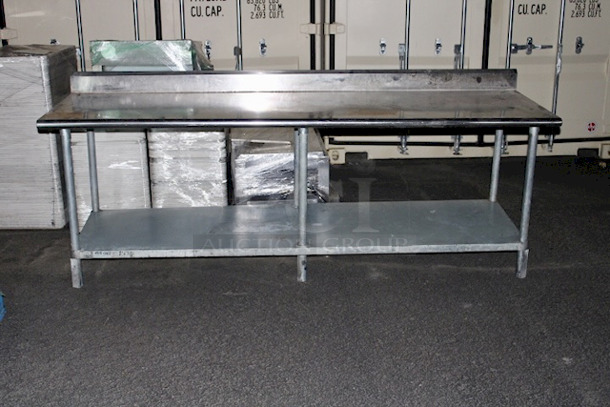 8ft Stainless Steel Table With Backsplash and Undershelf. 96x30-1/2x39